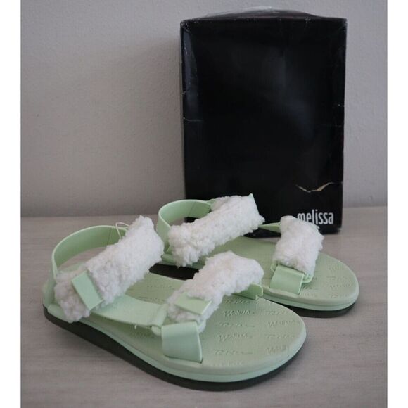 Melissa Women Sz 39 US 7.5 Green Papette Fluffy Rider Faux Shearling Sandals - Picture 1 of 10